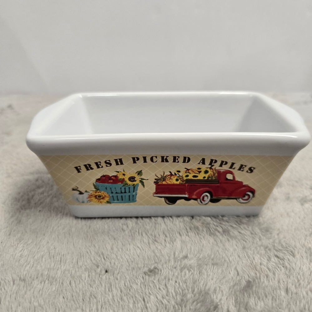 Royal Norfolk Harvest Mini Loaf Pan 5in Fresh Picked Apples Red Truck Ceramic